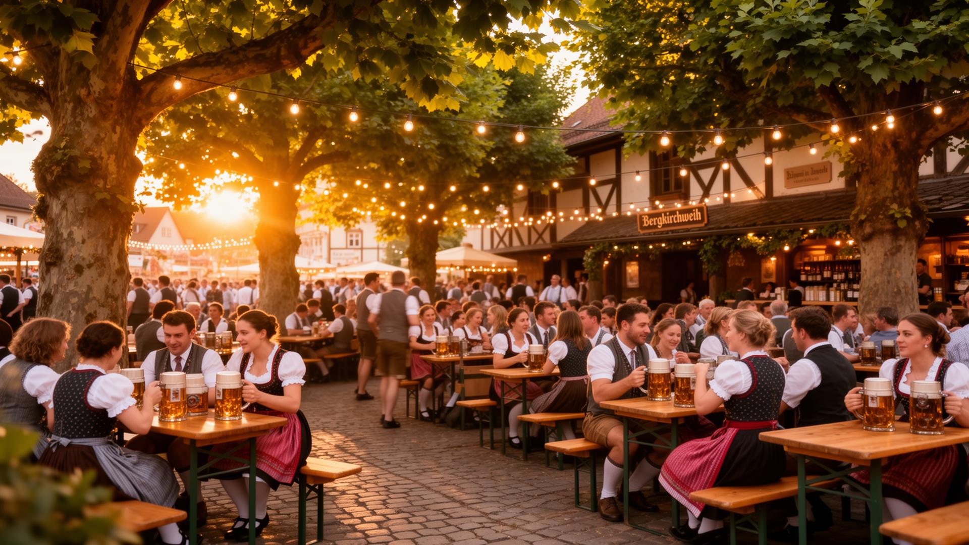 Erlanger Bergkirchweih: Bierkeller unter Kastanien mit Lichterketten am Abend