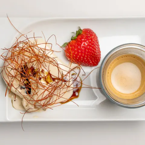 Ice cream served with espresso and chilli threads