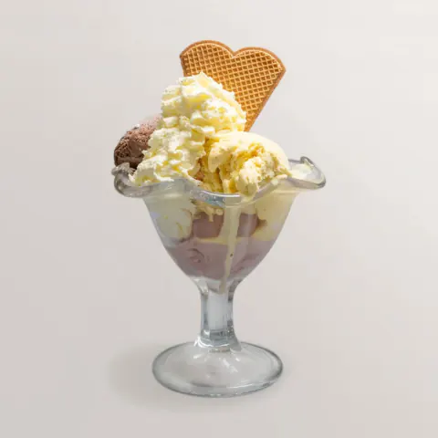 Chocolate and vanilla ice cream with whipped cream and a wafer