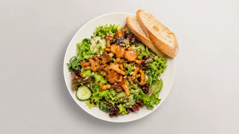 Bunter Blattsalat mit gebratenen Pfifferlingen